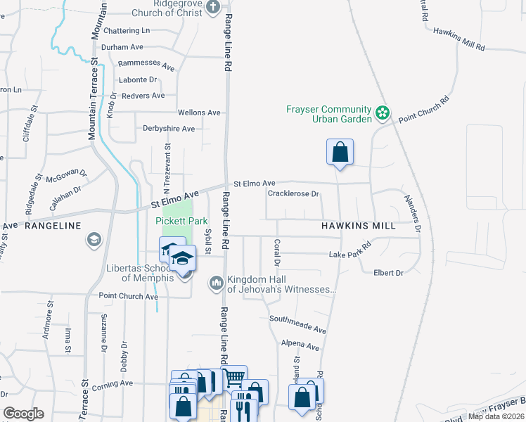 map of restaurants, bars, coffee shops, grocery stores, and more near 3901 Coral Drive in Memphis