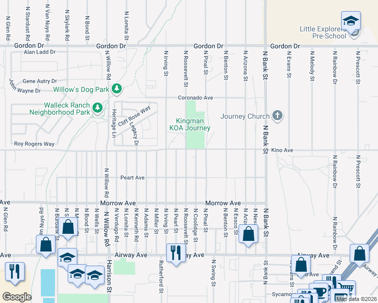 map of restaurants, bars, coffee shops, grocery stores, and more near 3740 North Roosevelt Street in Kingman