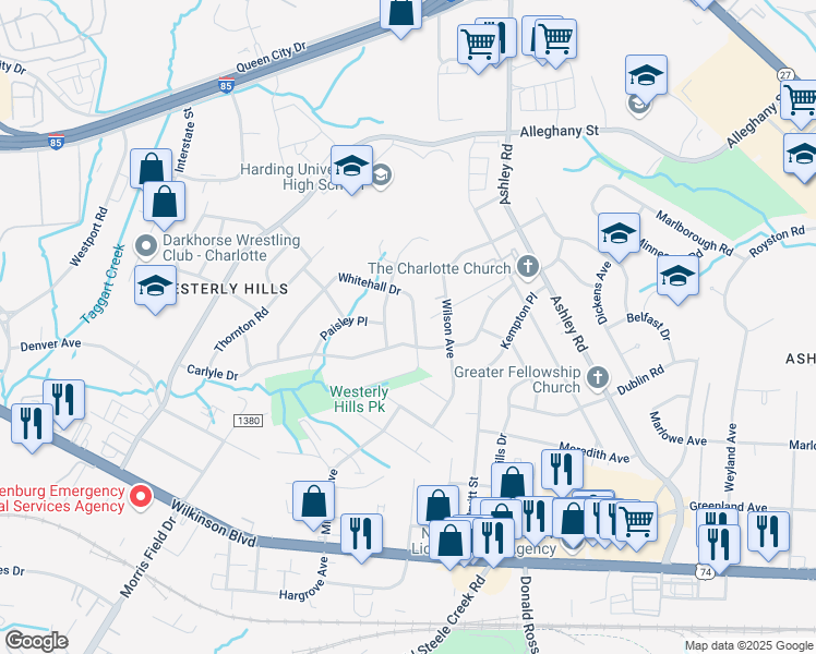 map of restaurants, bars, coffee shops, grocery stores, and more near 3817 Whitehall Drive in Charlotte