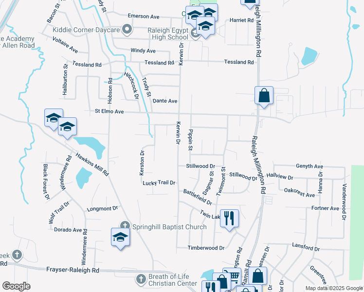 map of restaurants, bars, coffee shops, grocery stores, and more near 3900 Kerwin Drive in Memphis