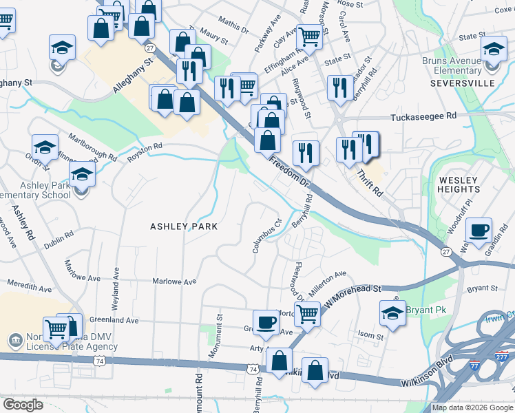 map of restaurants, bars, coffee shops, grocery stores, and more near 2627 Columbus Circle in Charlotte