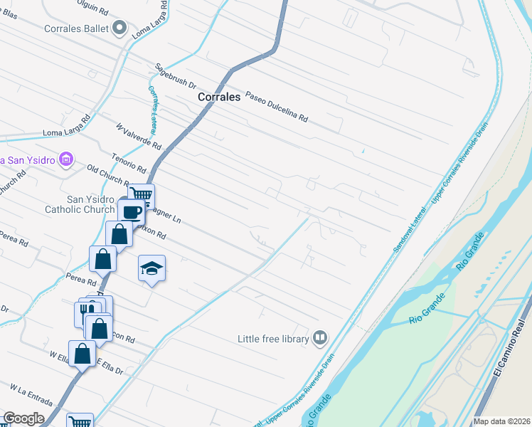 map of restaurants, bars, coffee shops, grocery stores, and more near 360 Arabian Lane in Corrales