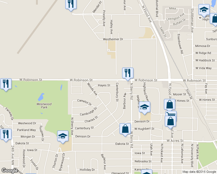 map of restaurants, bars, coffee shops, grocery stores, and more near 1406 Hayes Street in Norman