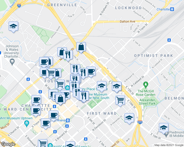 map of restaurants, bars, coffee shops, grocery stores, and more near 150 West 10th Street in Charlotte