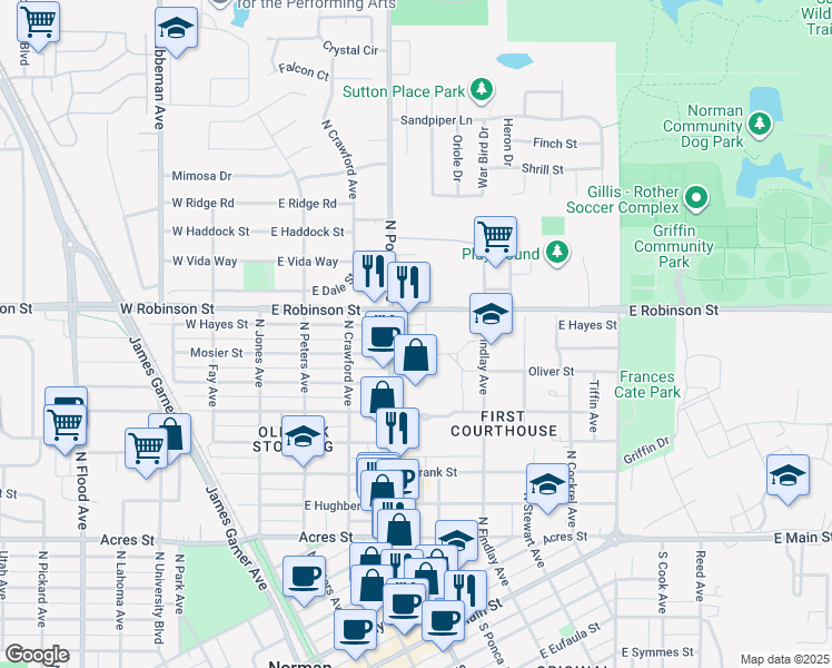 map of restaurants, bars, coffee shops, grocery stores, and more near 1125 North Porter Avenue in Norman