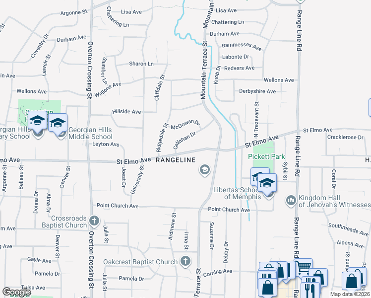map of restaurants, bars, coffee shops, grocery stores, and more near 2362 Saint Elmo Avenue in Memphis
