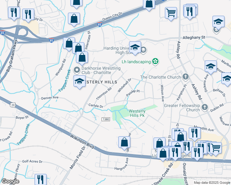 map of restaurants, bars, coffee shops, grocery stores, and more near 4045 Whitehall Drive in Charlotte