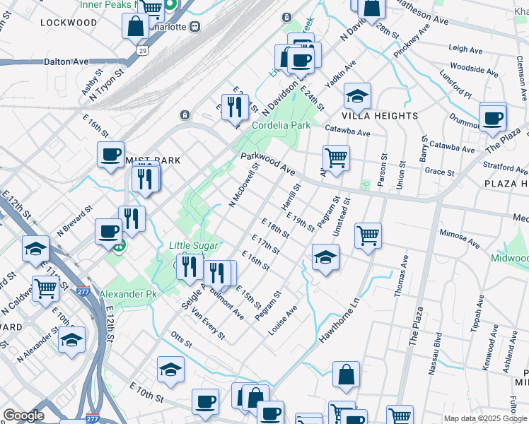 map of restaurants, bars, coffee shops, grocery stores, and more near 1512 Seigle Avenue in Charlotte