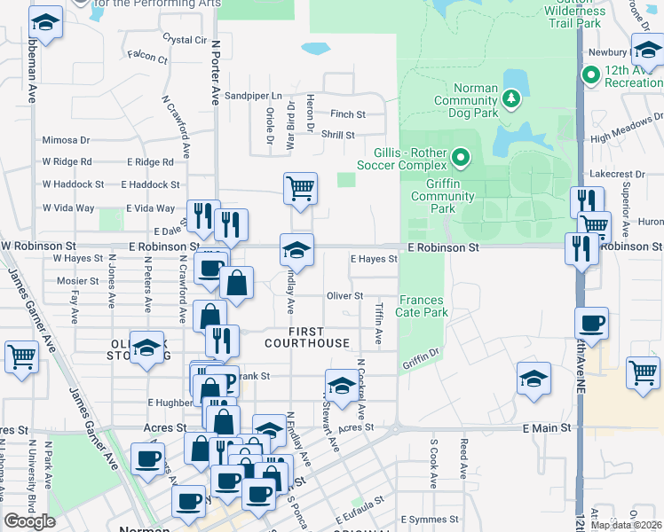 map of restaurants, bars, coffee shops, grocery stores, and more near 821 North Stewart Avenue in Norman