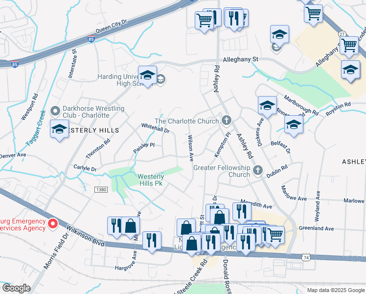 map of restaurants, bars, coffee shops, grocery stores, and more near 3715 Joy Street in Charlotte