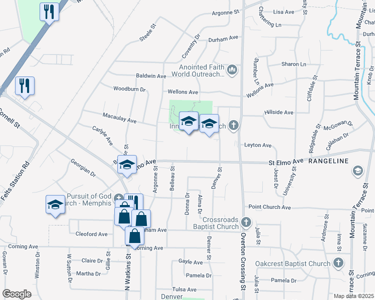 map of restaurants, bars, coffee shops, grocery stores, and more near Leweir Street in Memphis