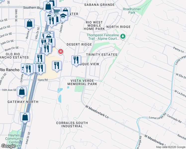 map of restaurants, bars, coffee shops, grocery stores, and more near 1429 Tiffany Lane Southeast in Rio Rancho