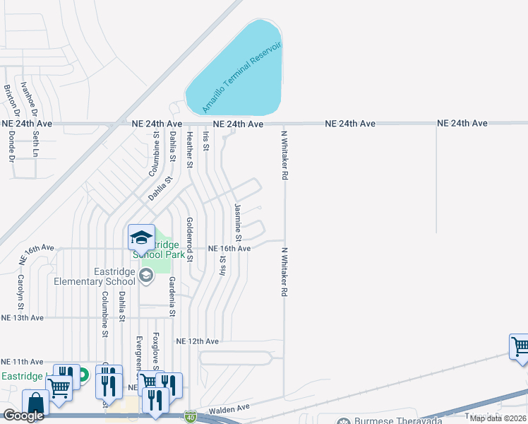 map of restaurants, bars, coffee shops, grocery stores, and more near 6712 Blissful Ln in Amarillo