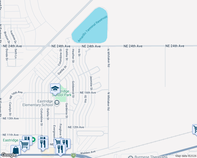 map of restaurants, bars, coffee shops, grocery stores, and more near 6712 Blissful Ln in Amarillo
