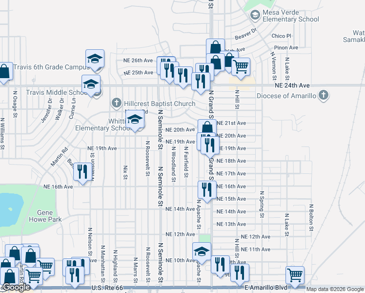 map of restaurants, bars, coffee shops, grocery stores, and more near 1634 North Fairfield Street in Amarillo