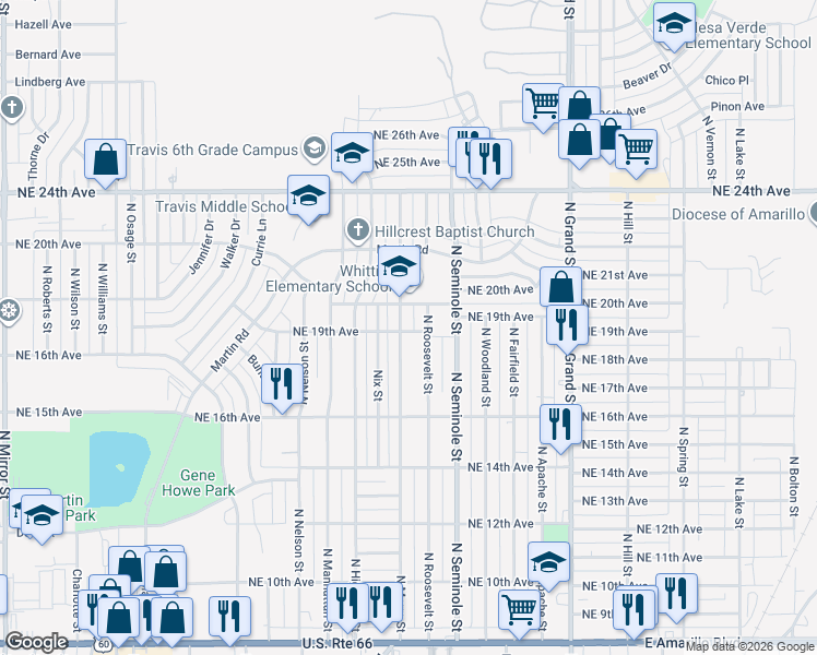 map of restaurants, bars, coffee shops, grocery stores, and more near 3101-3199 NE 19th Ave in Amarillo