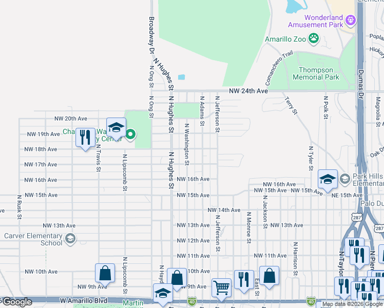 map of restaurants, bars, coffee shops, grocery stores, and more near 1704 North Washington Street in Amarillo