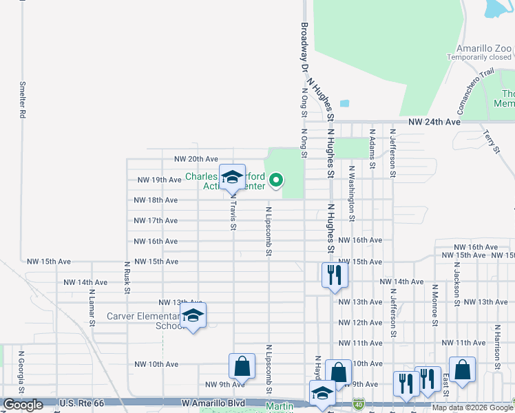 map of restaurants, bars, coffee shops, grocery stores, and more near 1409 Northwest 18th Avenue in Amarillo