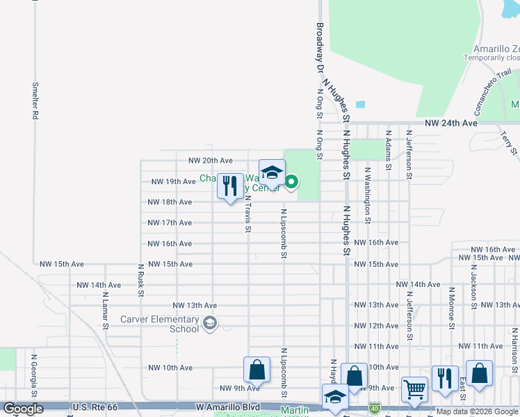 map of restaurants, bars, coffee shops, grocery stores, and more near 1712 North Travis Street in Amarillo