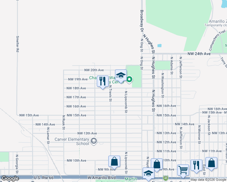 map of restaurants, bars, coffee shops, grocery stores, and more near 1712 North Travis Street in Amarillo