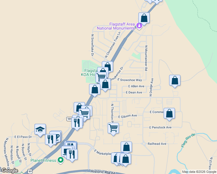 map of restaurants, bars, coffee shops, grocery stores, and more near 5600 North Dakota Street in Flagstaff