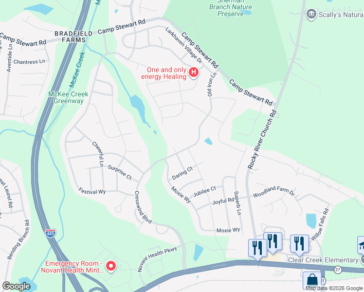 map of restaurants, bars, coffee shops, grocery stores, and more near 3833 Camp Stewart Road in Charlotte