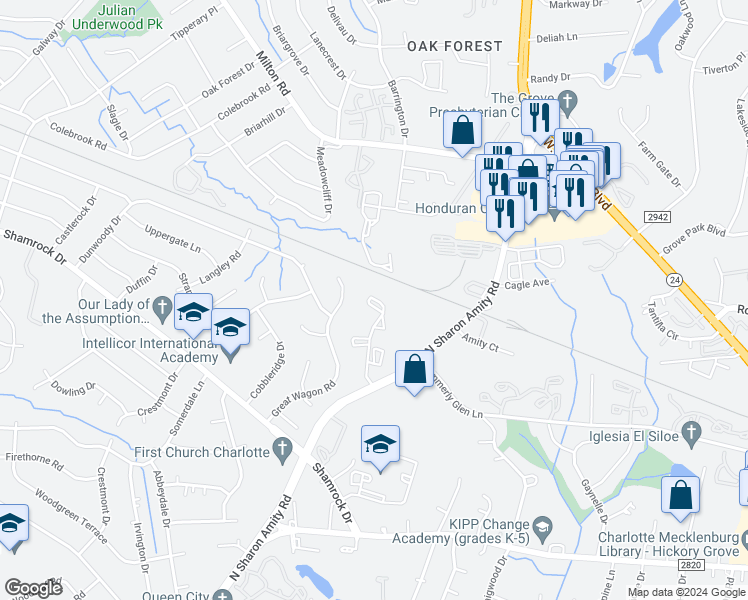 map of restaurants, bars, coffee shops, grocery stores, and more near 4408 Sharon Chase Drive in Charlotte