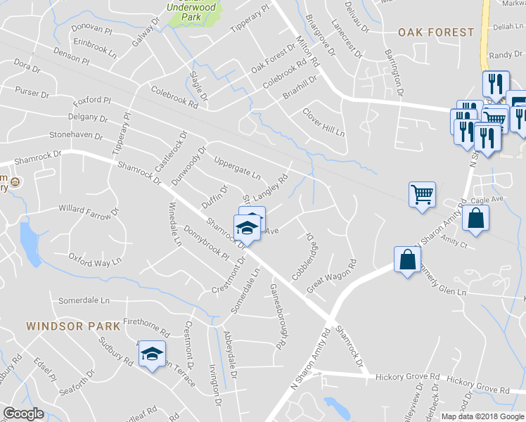 map of restaurants, bars, coffee shops, grocery stores, and more near 3816 Hillock Court in Charlotte
