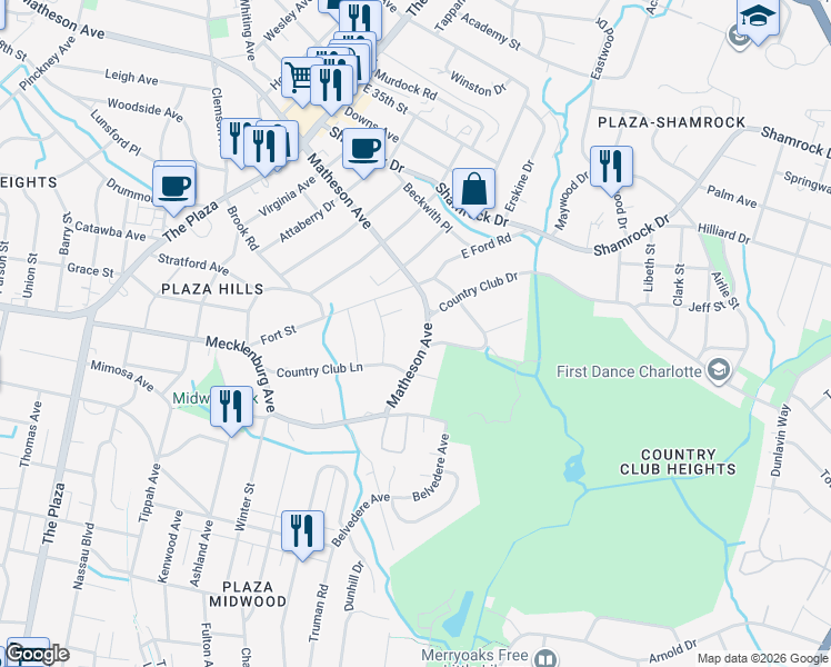 map of restaurants, bars, coffee shops, grocery stores, and more near 3218 Maymont Place in Charlotte