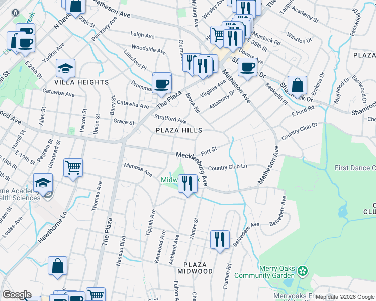 map of restaurants, bars, coffee shops, grocery stores, and more near in Charlotte