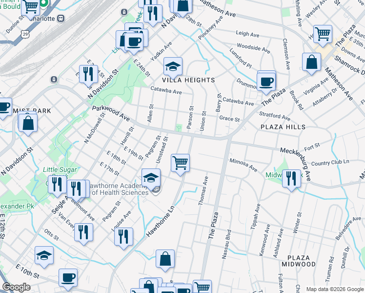 map of restaurants, bars, coffee shops, grocery stores, and more near 1717 Parson Street in Charlotte