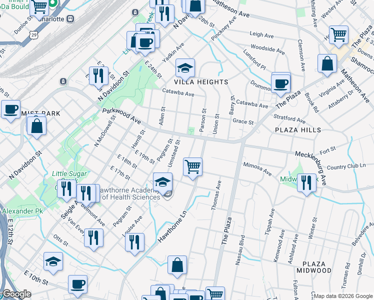 map of restaurants, bars, coffee shops, grocery stores, and more near 1717 Parson Street in Charlotte