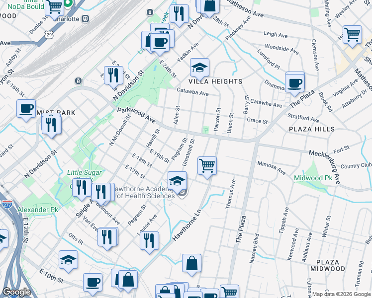 map of restaurants, bars, coffee shops, grocery stores, and more near in Charlotte