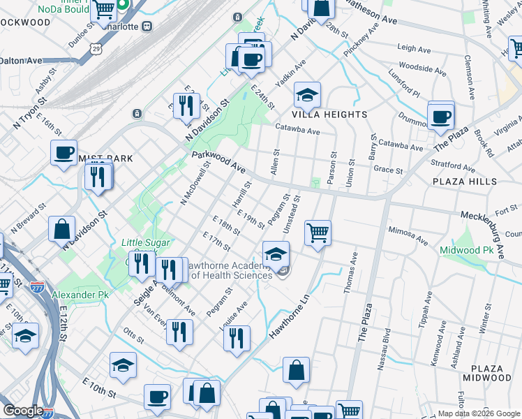 map of restaurants, bars, coffee shops, grocery stores, and more near 1620 Allen Street in Charlotte