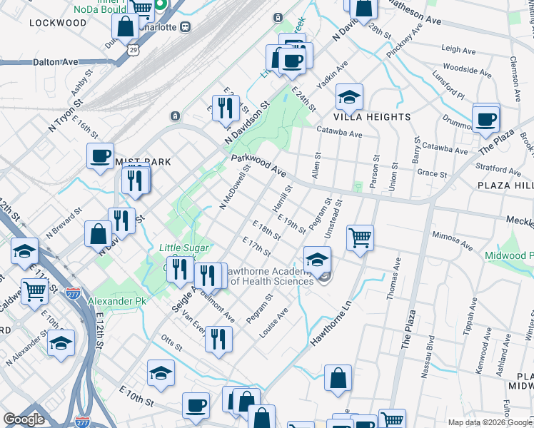 map of restaurants, bars, coffee shops, grocery stores, and more near in Charlotte