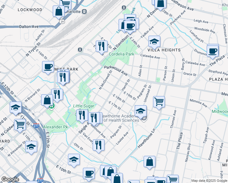 map of restaurants, bars, coffee shops, grocery stores, and more near in Charlotte