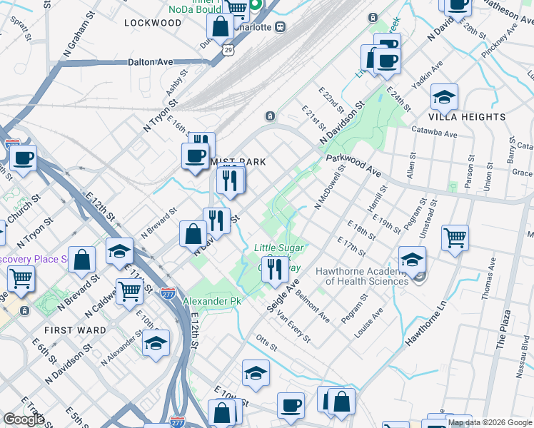 map of restaurants, bars, coffee shops, grocery stores, and more near in Charlotte