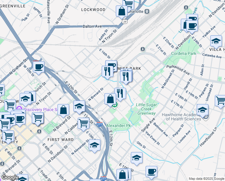 map of restaurants, bars, coffee shops, grocery stores, and more near 414 Belmont Avenue in Charlotte