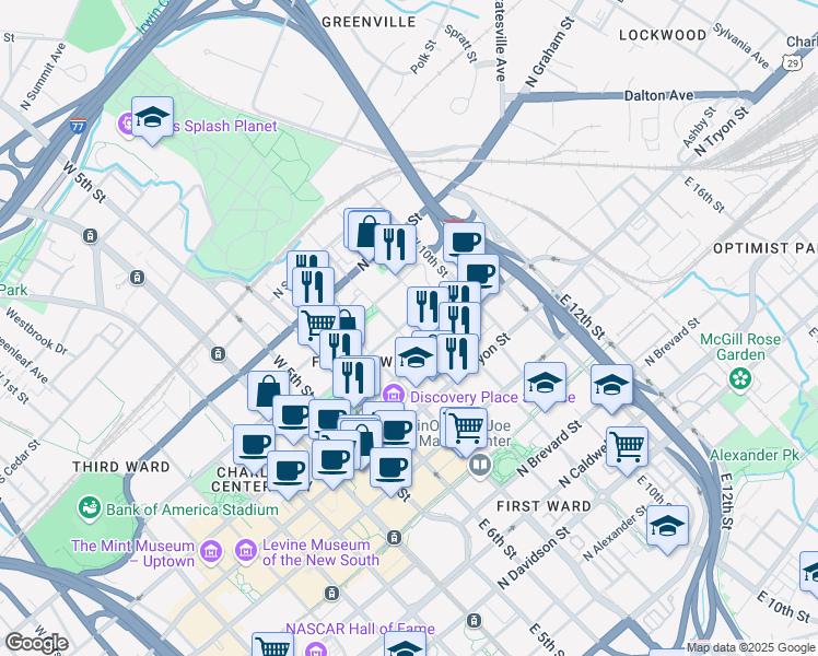 map of restaurants, bars, coffee shops, grocery stores, and more near 501 North Poplar Street in Charlotte