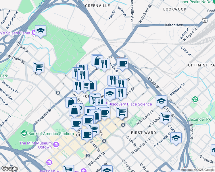 map of restaurants, bars, coffee shops, grocery stores, and more near 501 North Poplar Street in Charlotte