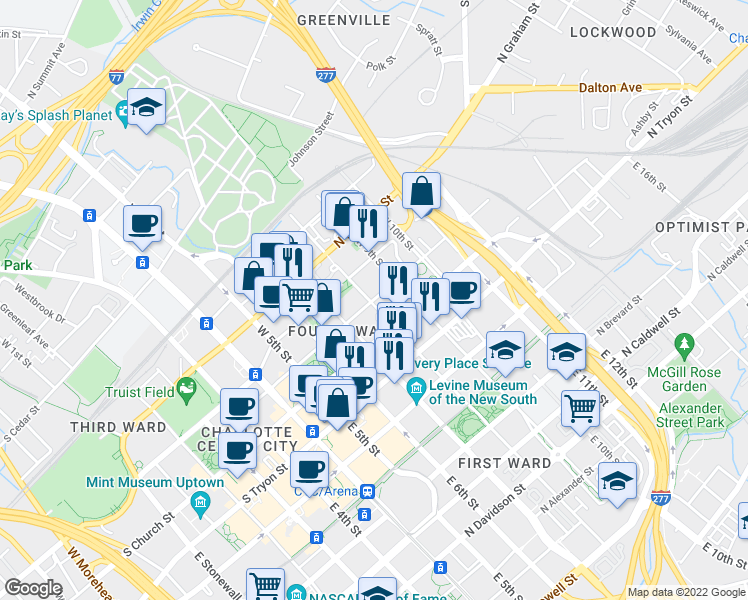 map of restaurants, bars, coffee shops, grocery stores, and more near in Charlotte