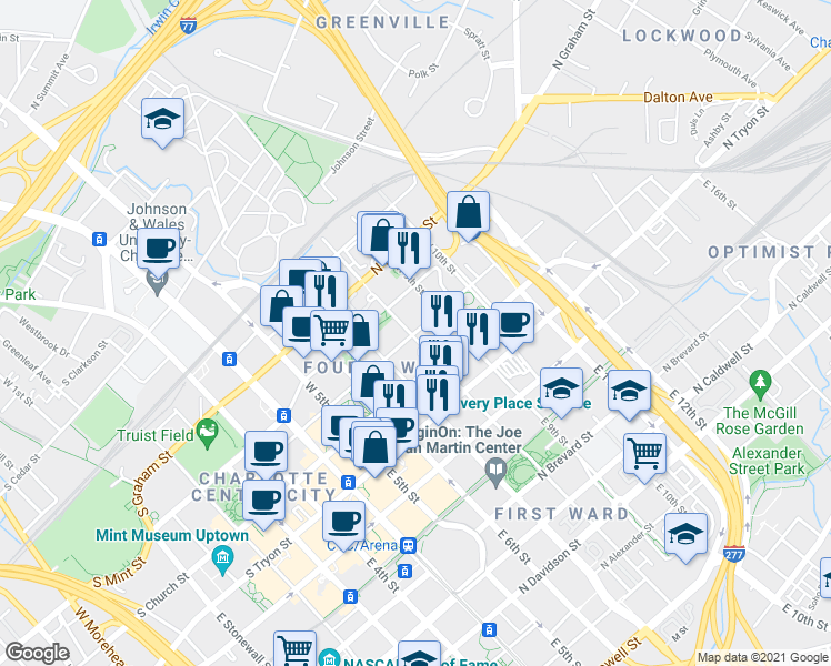 map of restaurants, bars, coffee shops, grocery stores, and more near in Charlotte