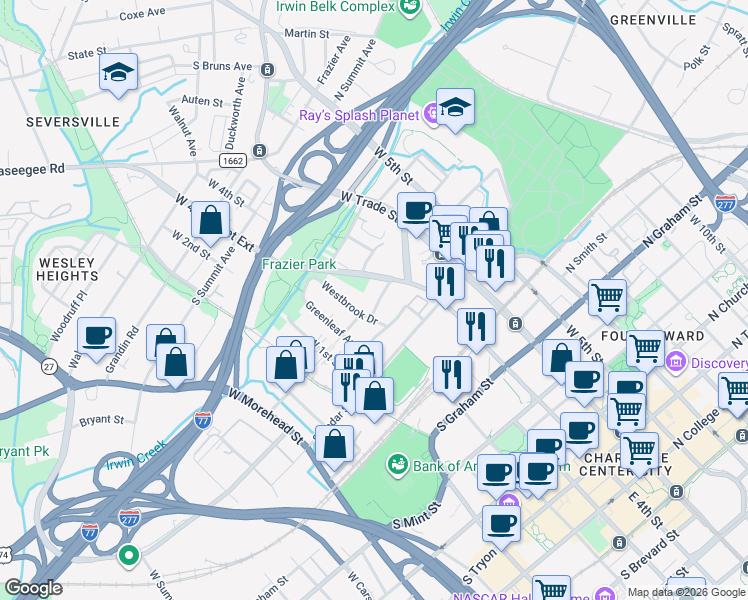 map of restaurants, bars, coffee shops, grocery stores, and more near in Charlotte