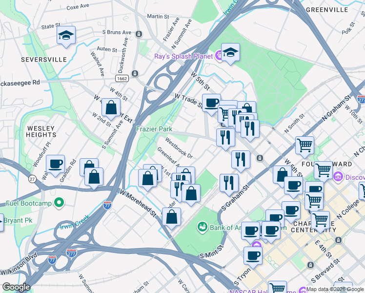 map of restaurants, bars, coffee shops, grocery stores, and more near in Charlotte