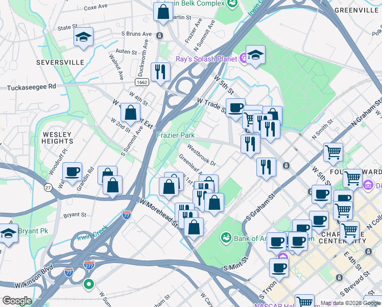 map of restaurants, bars, coffee shops, grocery stores, and more near in Charlotte