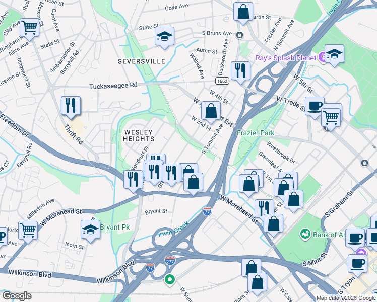 map of restaurants, bars, coffee shops, grocery stores, and more near 604 Grandin Road in Charlotte