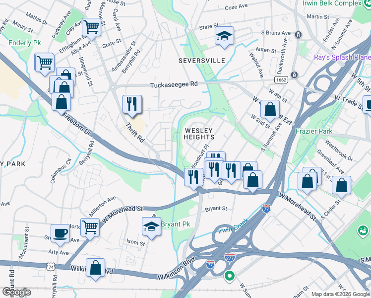 map of restaurants, bars, coffee shops, grocery stores, and more near 1941 Lela Avenue in Charlotte