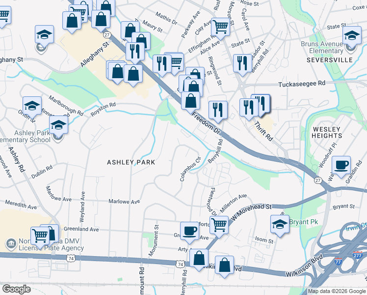 map of restaurants, bars, coffee shops, grocery stores, and more near 2627 Columbus Circle in Charlotte