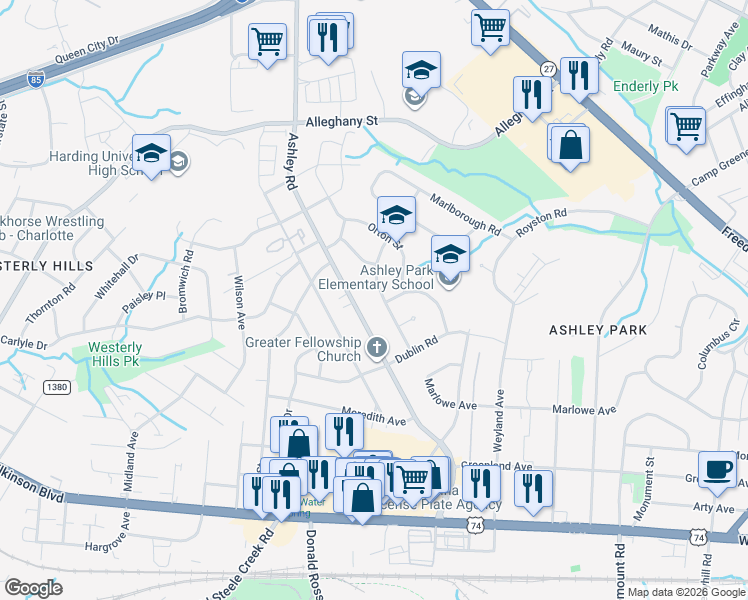 map of restaurants, bars, coffee shops, grocery stores, and more near 2242 Dickens Avenue in Charlotte