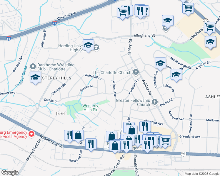 map of restaurants, bars, coffee shops, grocery stores, and more near 2120 Wilson Avenue in Charlotte